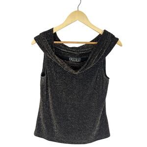 Alex Evenings Vintage Black & Gold Metallic Cowl Neck Top – Size M